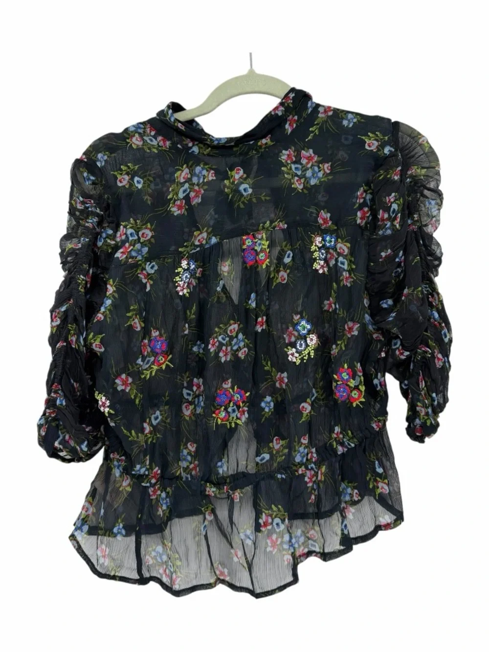 Free People Sheer Black Floral Tie-Neck Blouse beaded and embroidered size small